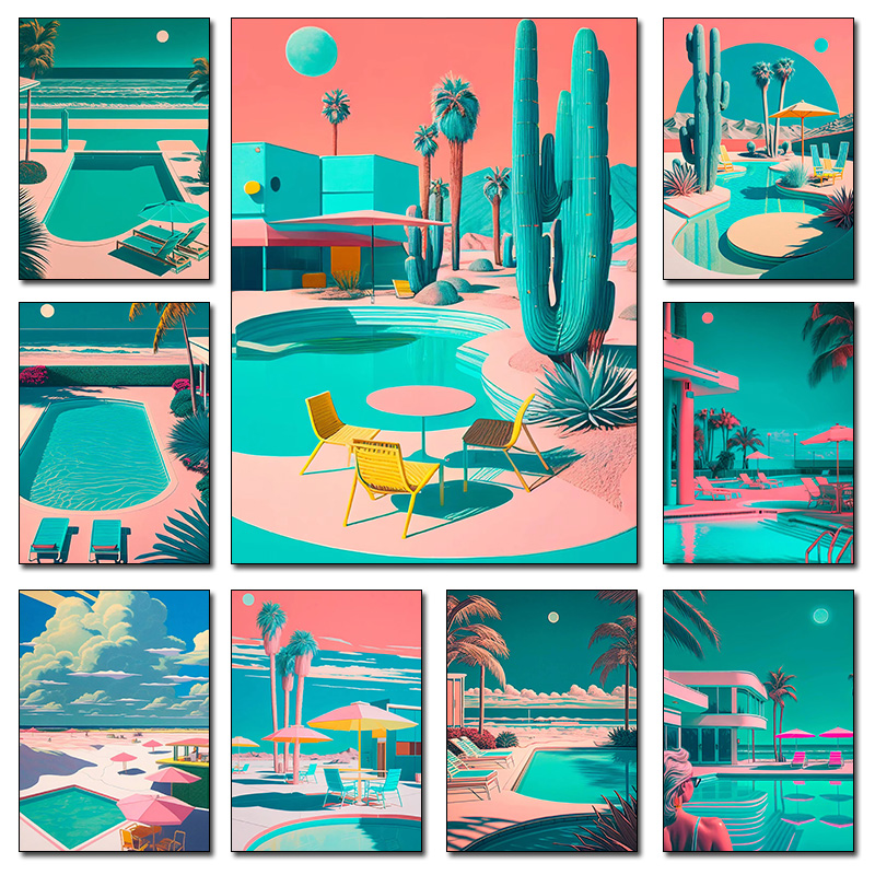 Resin Art On Wall - Retro futuristische strandpalmbomen woestijn zwembad poster